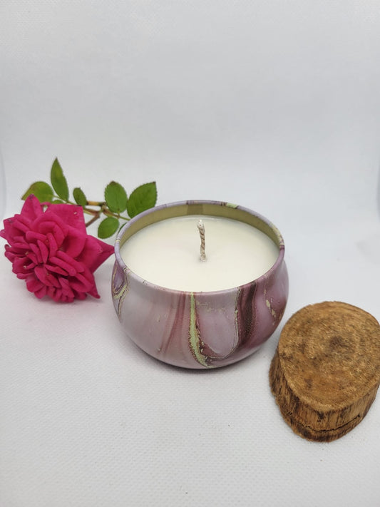 Kerze - Marmor lila Metalldose